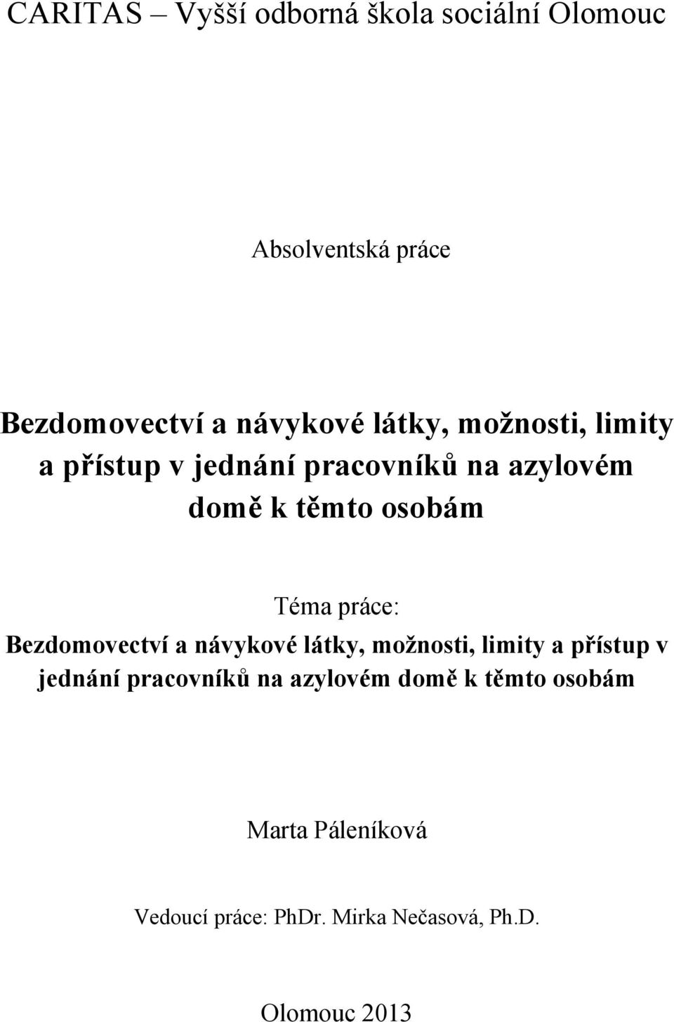 práce: Bezdomovectví a návykové látky, možnosti, limity a přístup v jednání pracovníků na