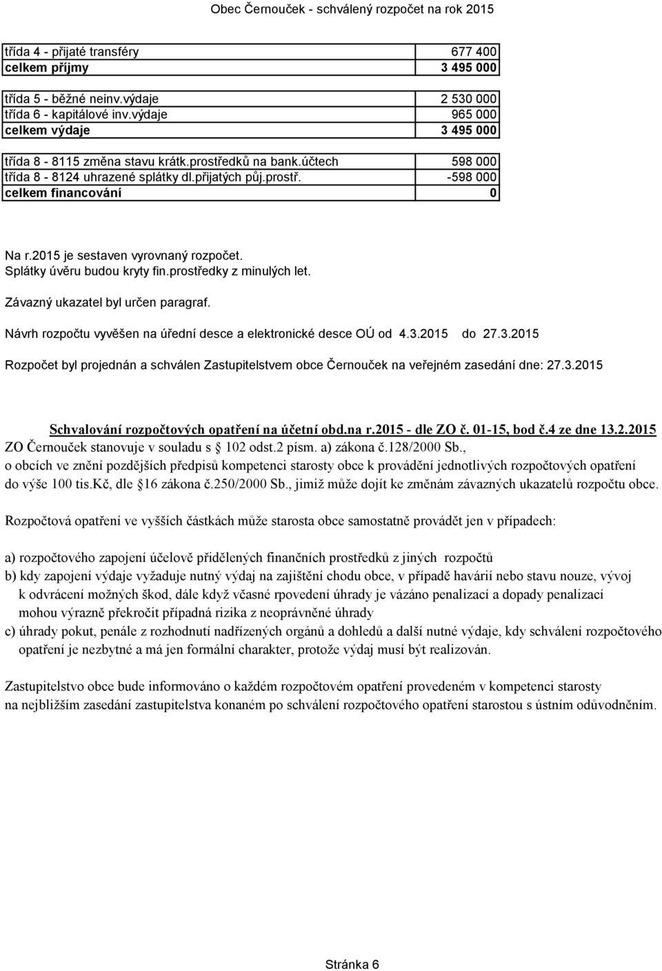 prostředky z minulých let. Závazný ukazatel byl určen paragraf. Návrh rozpočtu vyvěšen na úřední desce a elektronické desce OÚ od 4.3.