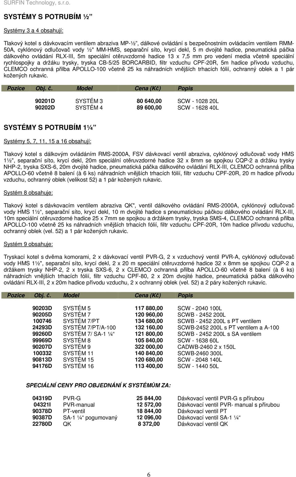 trysky, tryska CB-5/25 BORCARBID, filtr vzduchu CPF-20R, 5m hadice přívodu vzduchu, CLEMCO ochranná přilba APOLLO-100 včetně 25 ks náhradních vnějších trhacích fólií, ochranný oblek a 1 pár kožených