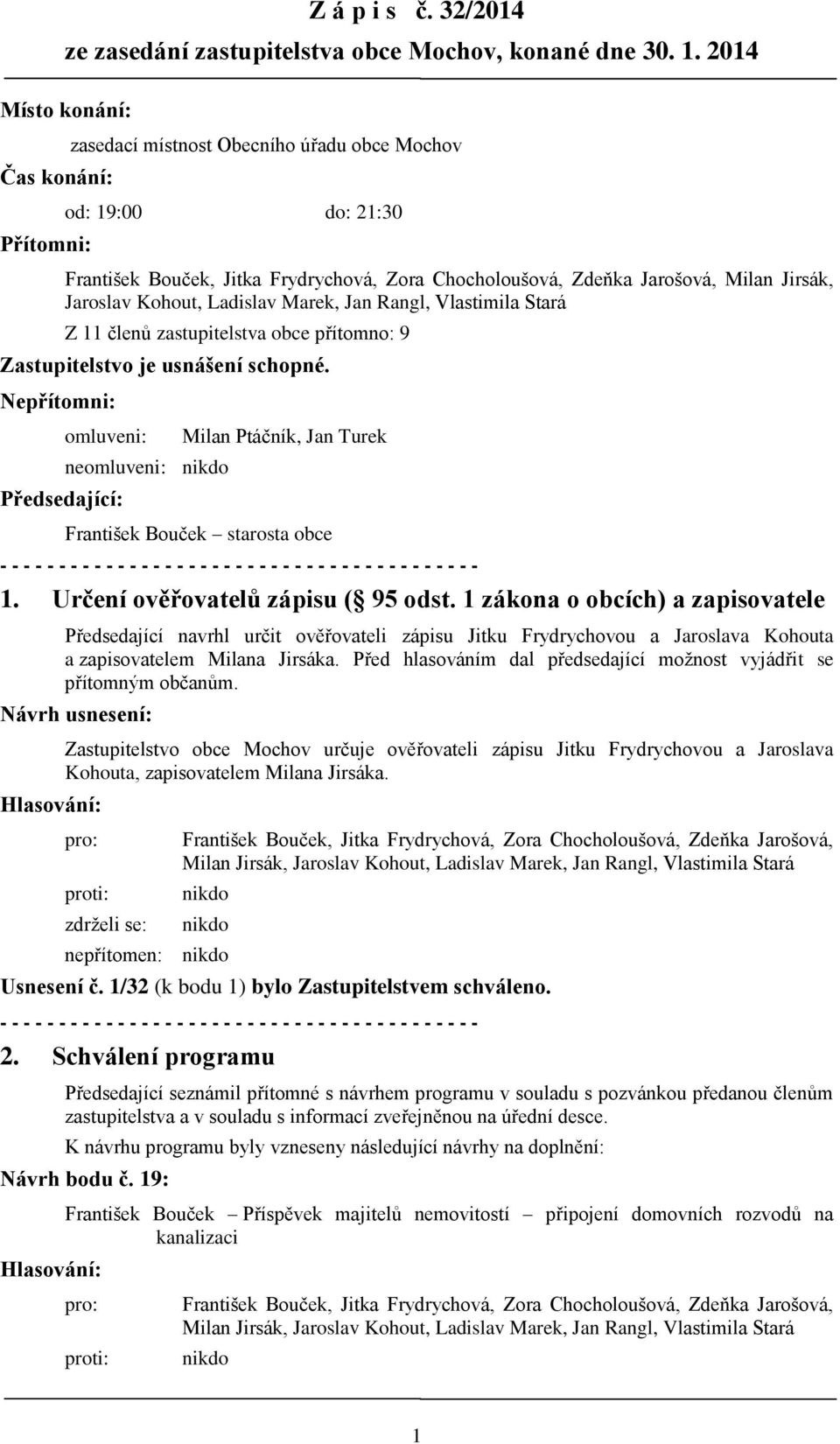 Jaroslav Kohout, Ladislav Marek, Jan Rangl, Vlastimila Stará Z 11 členů zastupitelstva obce přítomno: 9 Zastupitelstvo je usnášení schopné.