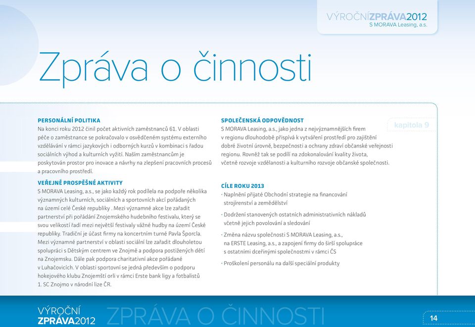 Naším zaměstnancům je poskytován prostor pro inovace a návrhy na zlepšení pracovních procesů a pracovního prostředí. Veřejně prospěšné aktivity S MORAVA Leasing, a.s., se jako každý rok podílela na podpoře několika významných kulturních, sociálních a sportovních akcí pořádaných na území celé České republiky.