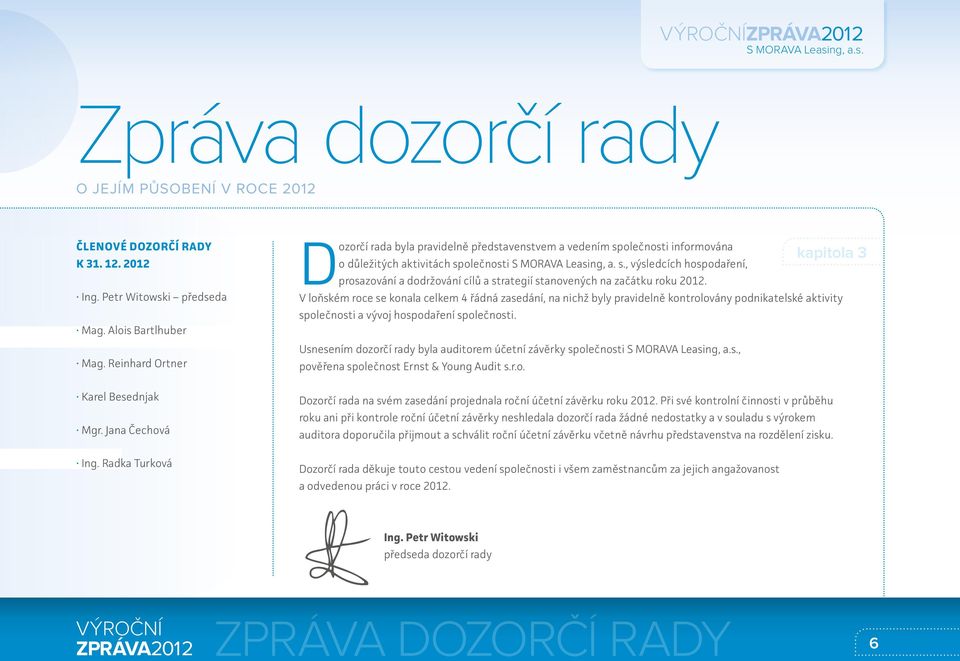 Radka Turková Dozorčí rada byla pravidelně představenstvem a vedením společnosti informována o důležitých aktivitách společnosti S MORAVA Leasing, a. s., výsledcích hospodaření, prosazování a dodržování cílů a strategií stanovených na začátku roku 2012.