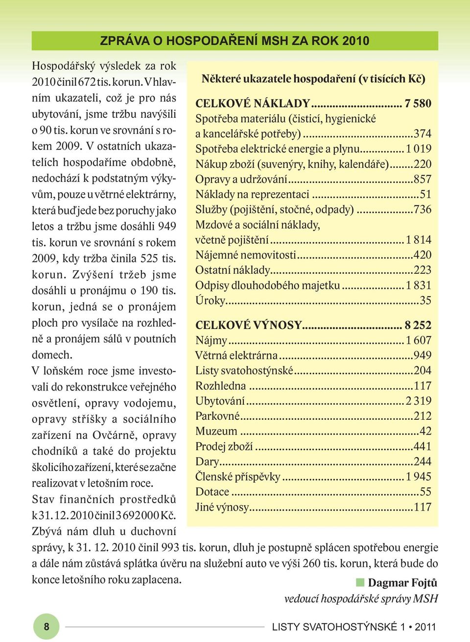 korun ve srovnání s rokem 2009, kdy tržba činila 525 tis. korun. Zvýšení tržeb jsme dosáhli u pronájmu o 190 tis.