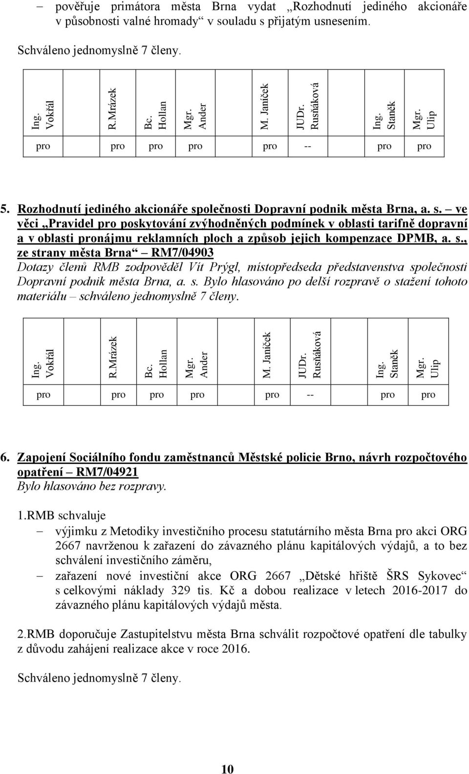 s., ze strany města Brna RM7/04903 Dotazy členů RMB zodpověděl Vít Prýgl, místopředseda představenstva společnosti Dopravní podnik města Brna, a. s. Bylo hlasováno po delší rozpravě o stažení tohoto materiálu schváleno jednomyslně 7 členy.