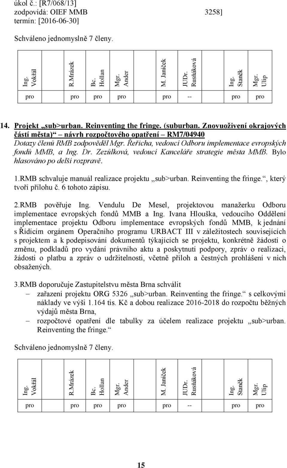 Zezůlková, vedoucí Kanceláře strategie města MMB. Bylo hlasováno po delší rozpravě. 1.RMB schvaluje manuál realizace projektu sub urban. Reinventing the fringe., který tvoří přílohu č.