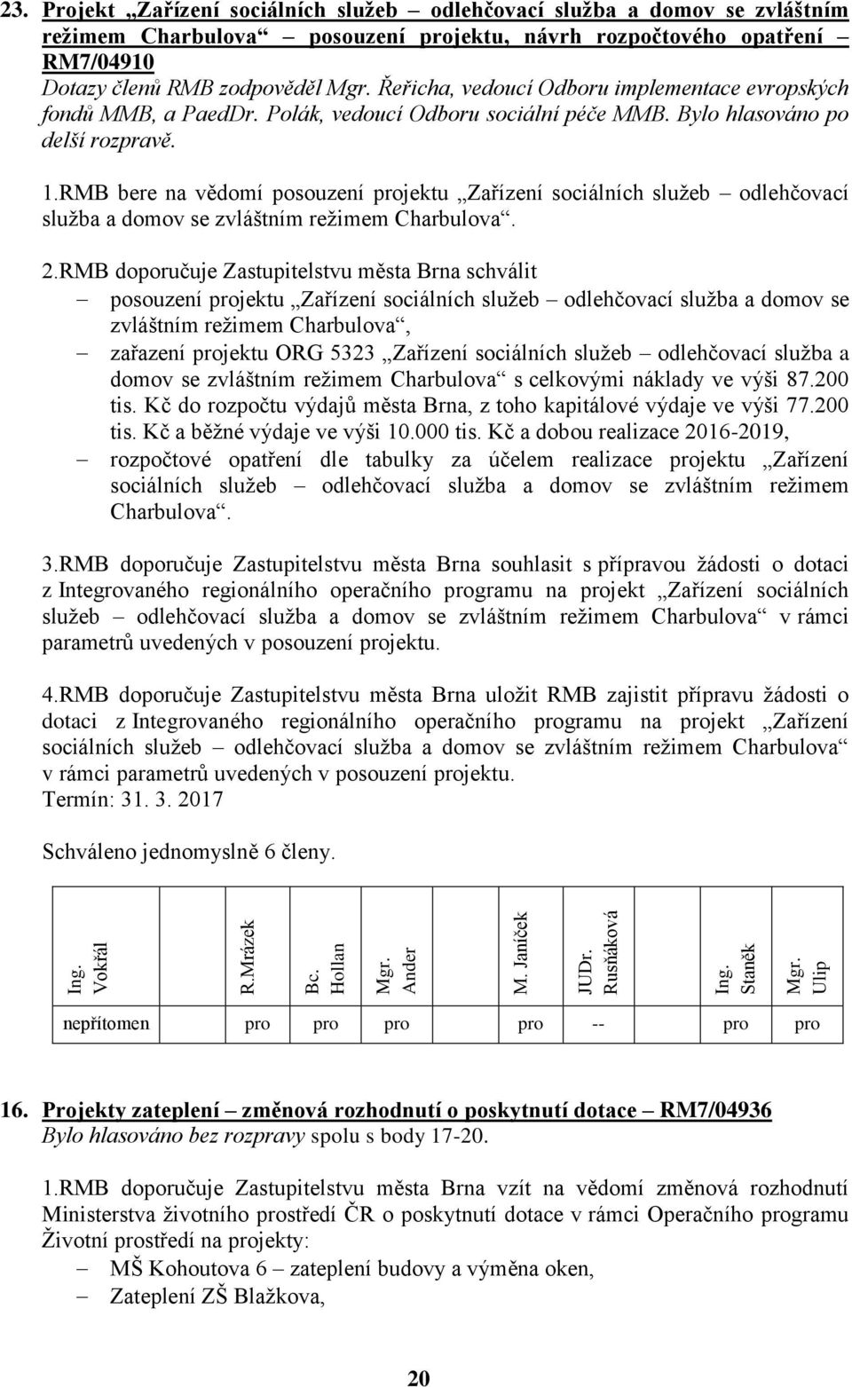 RMB bere na vědomí posouzení projektu Zařízení sociálních služeb odlehčovací služba a domov se zvláštním režimem Charbulova. 2.