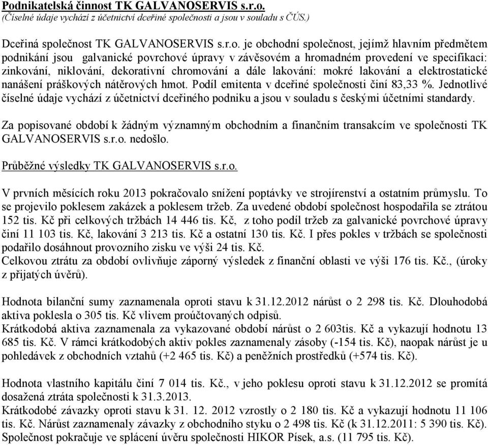 elektrostatické nanášení práškových nátěrových hmot. Podíl emitenta v dceřiné společnosti činí 83,33 %.