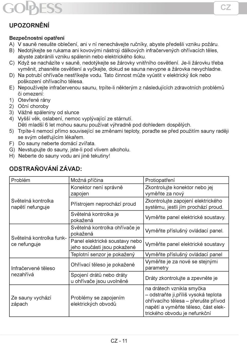 C) Když se nacházíte v sauně, nedotýkejte se žárovky vnitřního osvětlení. Je-li žárovku třeba vyměnit, zhasněte osvětlení a vyčkejte, dokud se sauna nevypne a žárovka nevychladne.