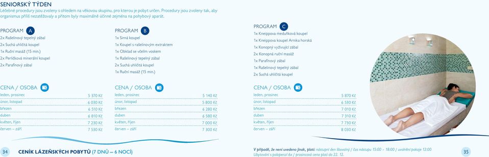 ) 2x Perličková minerální koupel 2x Parafínový zábal B 1x Sirná koupel 1x Koupel s rašelinovým extraktem 1x Obklad se včelím voskem 1x Rašelinový tepelný zábal 2x Suchá uhličitá koupel 1x Ruční masáž