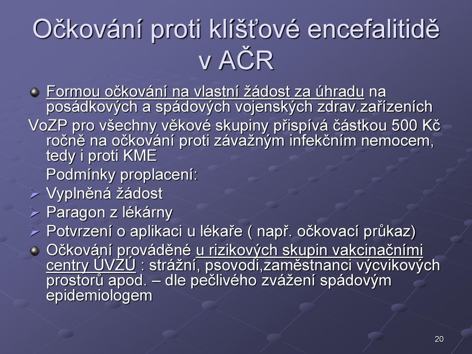 Podmínky proplacení: Vyplněná žádost Paragon z lékárny Potvrzení o aplikaci u lékaře ( např.