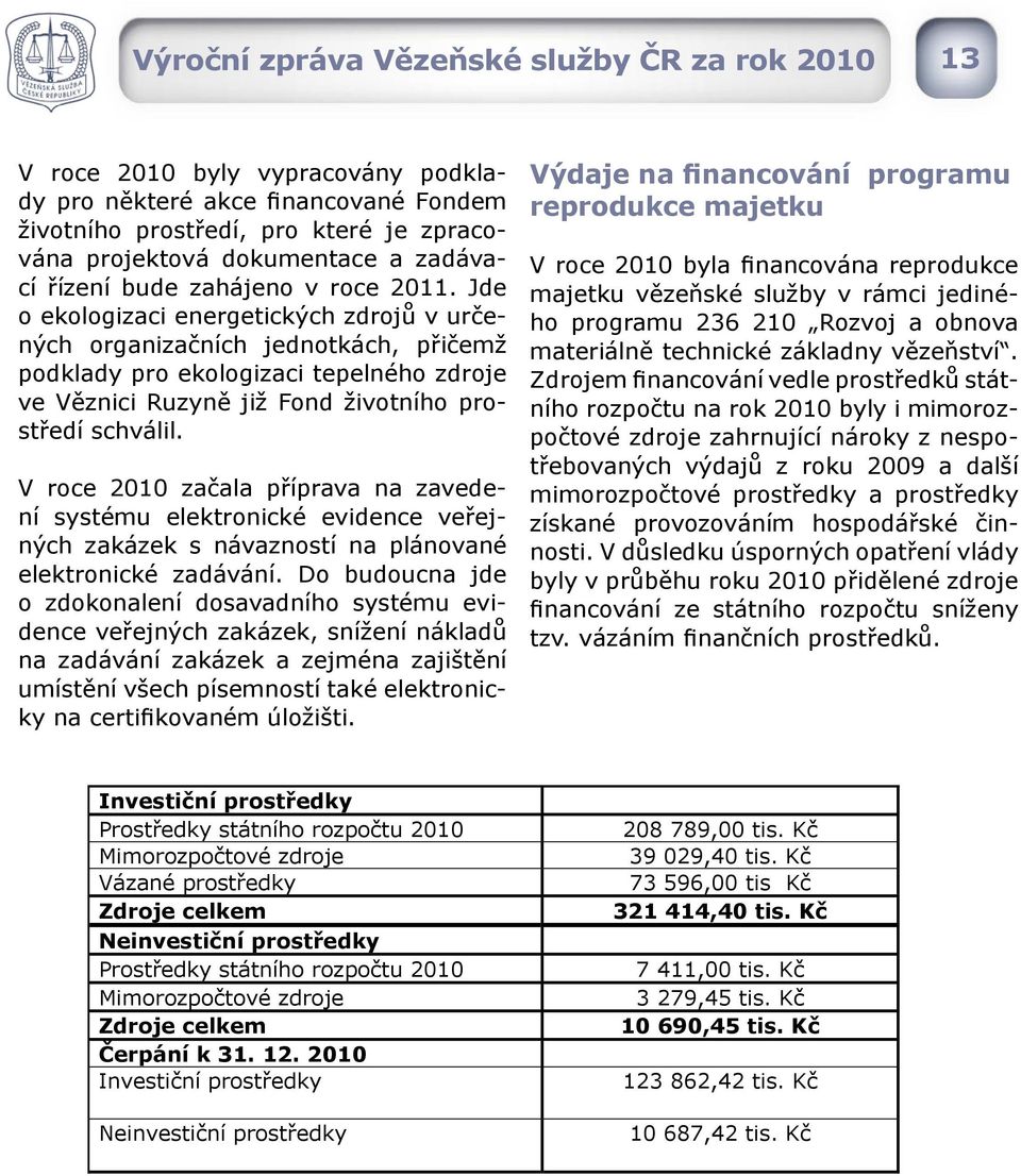 Jde o ekologizaci energetických zdrojů v určených organizačních jednotkách, přičemž podklady pro ekologizaci tepelného zdroje ve Věznici Ruzyně již Fond životního prostředí schválil.