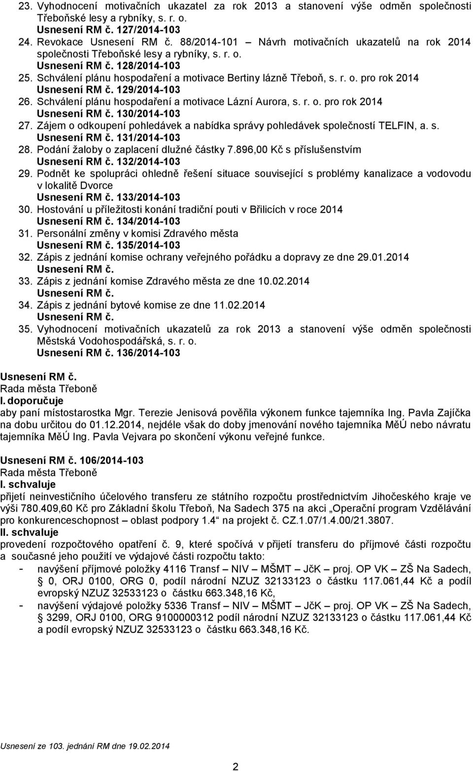 Schválení plánu hospodaření a motivace Lázní Aurora, s. r. o. pro rok 2014 130/2014-103 27. Zájem o odkoupení pohledávek a nabídka správy pohledávek společností TELFIN, a. s. 131/2014-103 28.