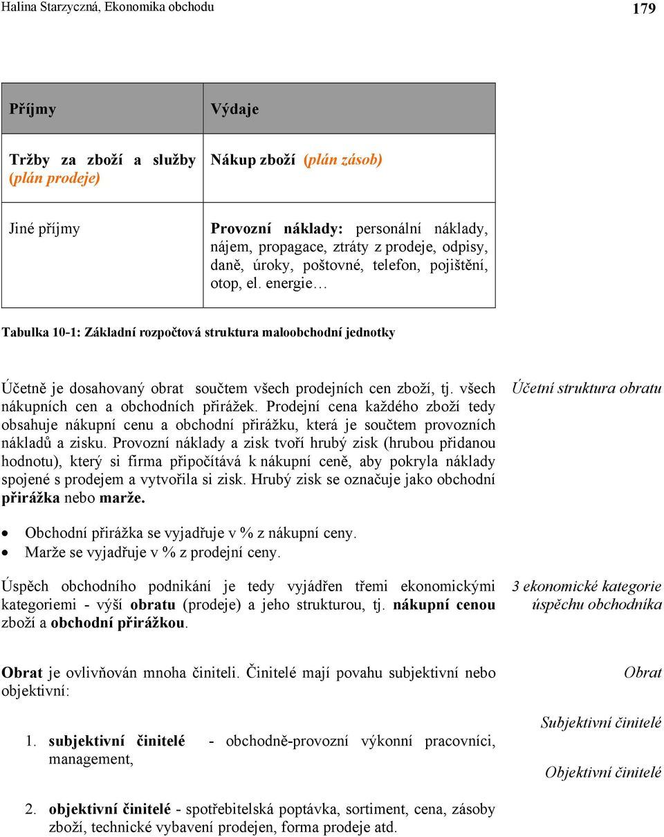 energie Tabulka 10-1: Základní rozpočtová struktura maloobchodní jednotky Účetně je dosahovaný obrat součtem všech prodejních cen zboží, tj. všech nákupních cen a obchodních přirážek.