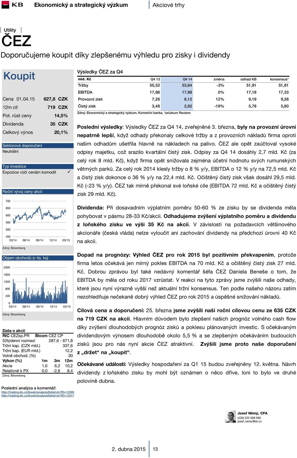 ks) Data o akcii RIC CEZsp.PR Bloom CEZ CP 52týdenní rozmezí Tržní kap. (CZK mld.) Tržní kap. (EUR mld.) Volně obchod.