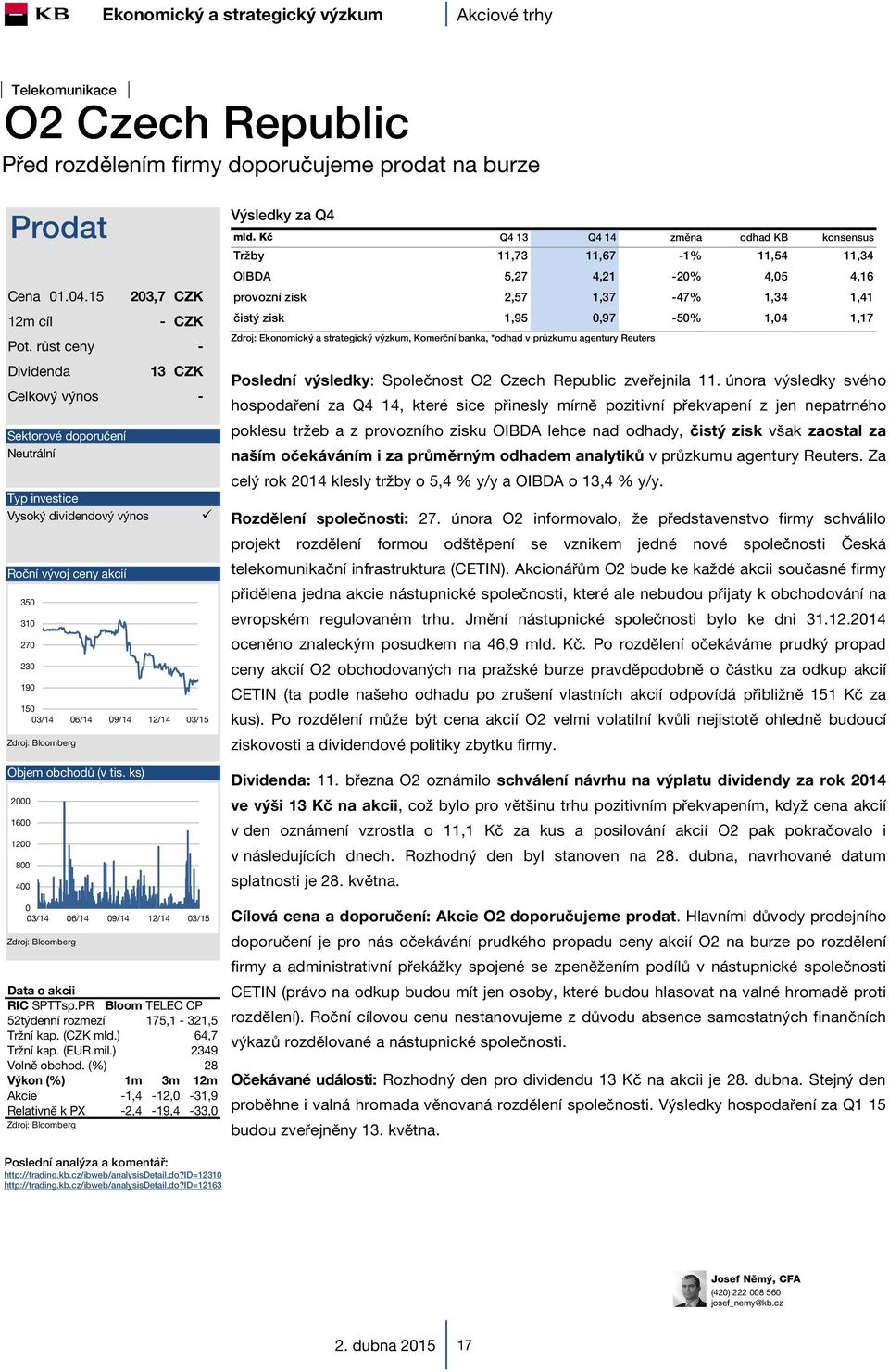 ks) Data o akcii RIC SPTTsp.PR Bloom TELEC CP 52týdenní rozmezí Tržní kap. (CZK mld.) Tržní kap. (EUR mil.) Volně obchod.