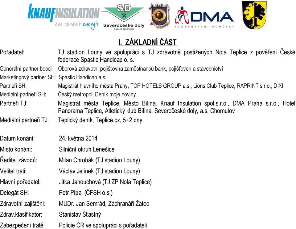 s.r.o., DMA Praha s.r.o., Hotel Panorama Teplice, Atletický klub Bílina, Severočeské doly, a.s. Chomutov Mediální partneři TJ: Teplický deník, Teplice.cz, 5+2 dny Datum konání: 24.