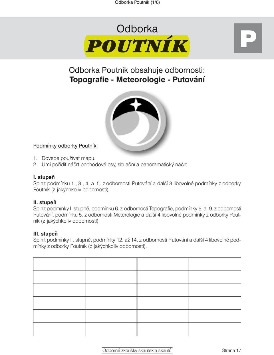 z odbornosti Putování a další 3 libovolné podmínky z odborky Poutník (z jakýchkoliv odborností). Splnit podmínky I. stupně, podmínku 6. z odbornosti Topografie, podmínky 6. a 9.