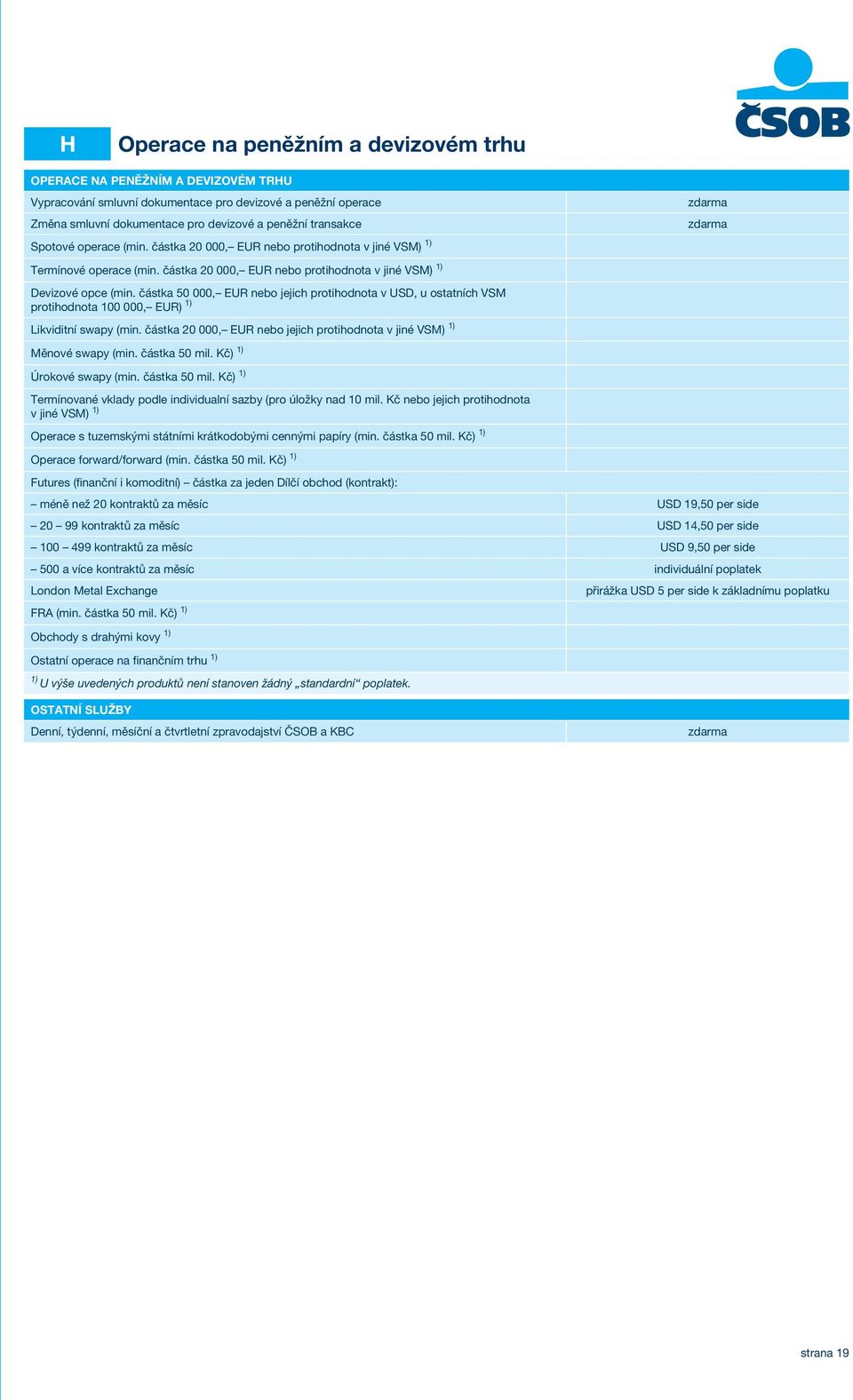 částka 50 000, EUR nebo jejich protihodnota v USD, u ostatních VSM protihodnota 100 000, EUR) Likviditní swapy (min. částka 20 000, EUR nebo jejich protihodnota v jiné VSM) Měnové swapy (min.