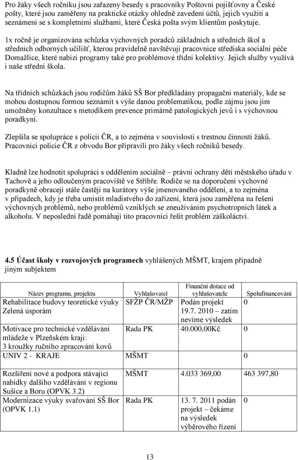 1x ročně je organizována schůzka výchovných poradců základních a středních škol a středních odborných učilišť, kterou pravidelně navštěvují pracovnice střediska sociální péče Domažlice, které nabízí