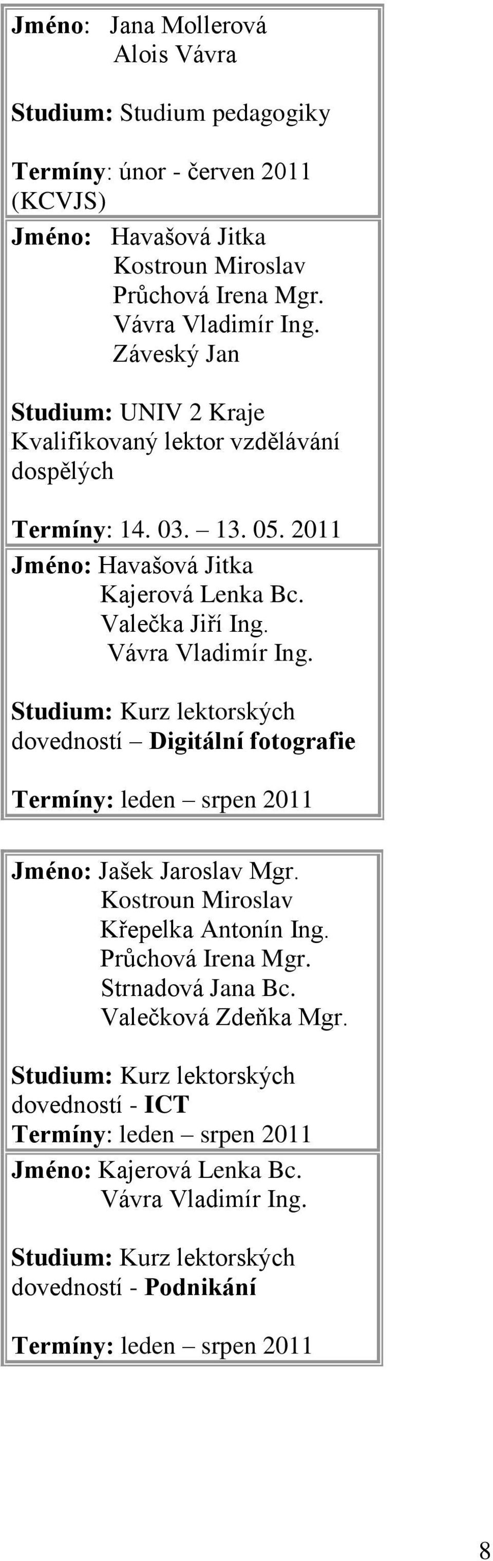 Studium: Kurz lektorských dovedností Digitální fotografie Termíny: leden srpen 2011 Jméno: Jašek Jaroslav Mgr. Kostroun Miroslav Křepelka Antonín Ing. Průchová Irena Mgr. Strnadová Jana Bc.