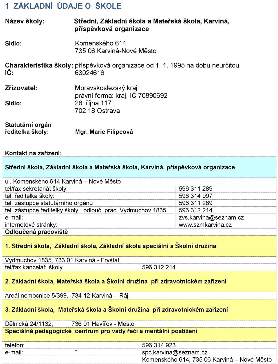 Marie Filipcová Kontakt na zařízení: Střední škola, Základní škola a Mateřská škola, Karviná, příspěvková organizace ul. Komenského 614 Karviná Nové Město tel/fax sekretariát školy: 596 311 289 tel.