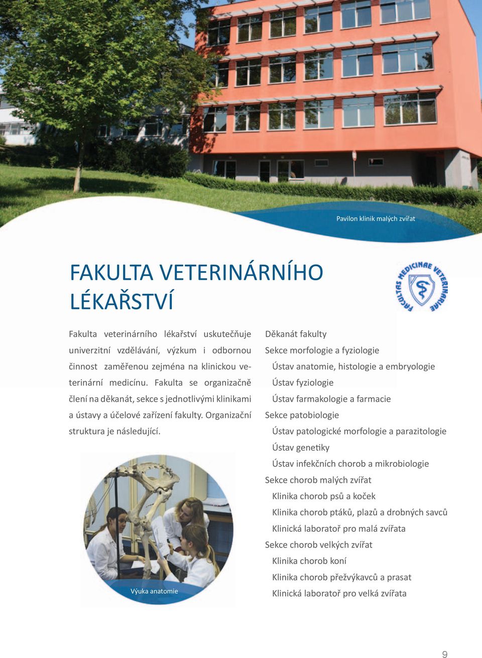 Výuka anatomie Děkanát fakulty Sekce morfologie a fyziologie Ústav anatomie, histologie a embryologie Ústav fyziologie Ústav farmakologie a farmacie Sekce patobiologie Ústav patologické morfologie a