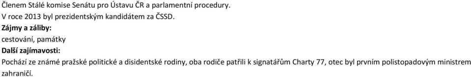 Zájmy a záliby: cestování, památky Pochází ze známé pražské politické a