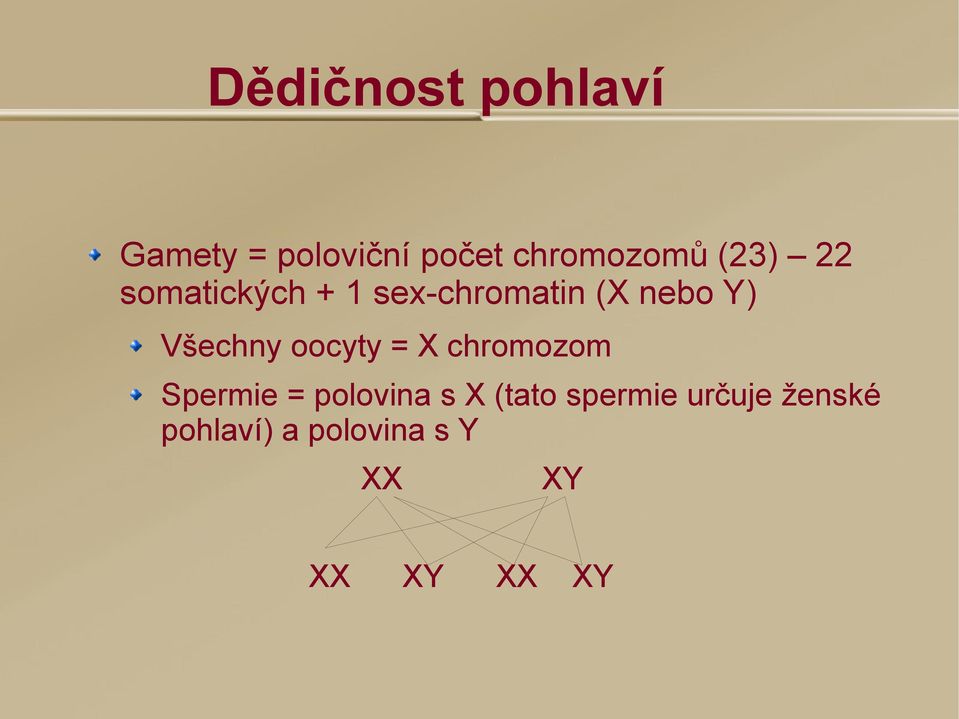 Všechny oocyty = X chromozom Spermie = polovina s X