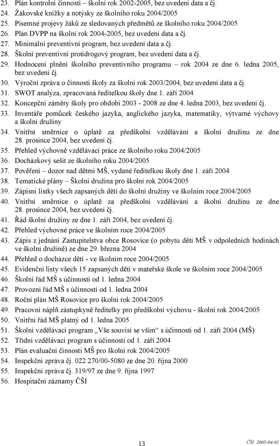 Školní preventivní protidrogový program, bez uvedení data a čj. 29. Hodnocení plnění školního preventivního programu rok 2004 ze dne 6. ledna 2005, bez uvedení čj. 30.