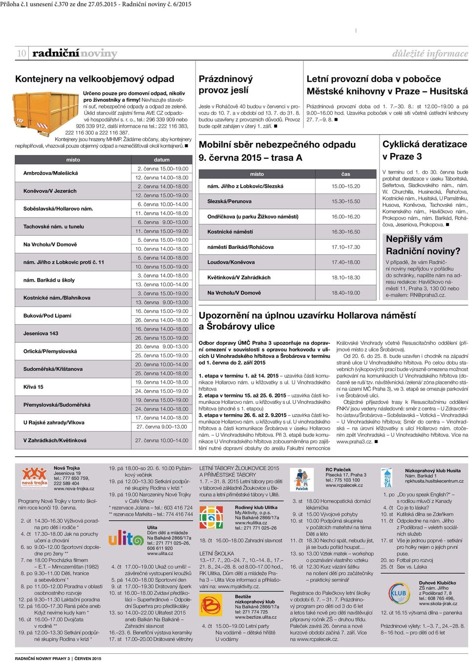 Žádáme občany, aby kontejnery nepřeplňovali, vhazovali pouze objemný odpad a neznečišťovali okolí kontejnerů. Mobilní sběr nebezpečného odpadu místo datum 9.