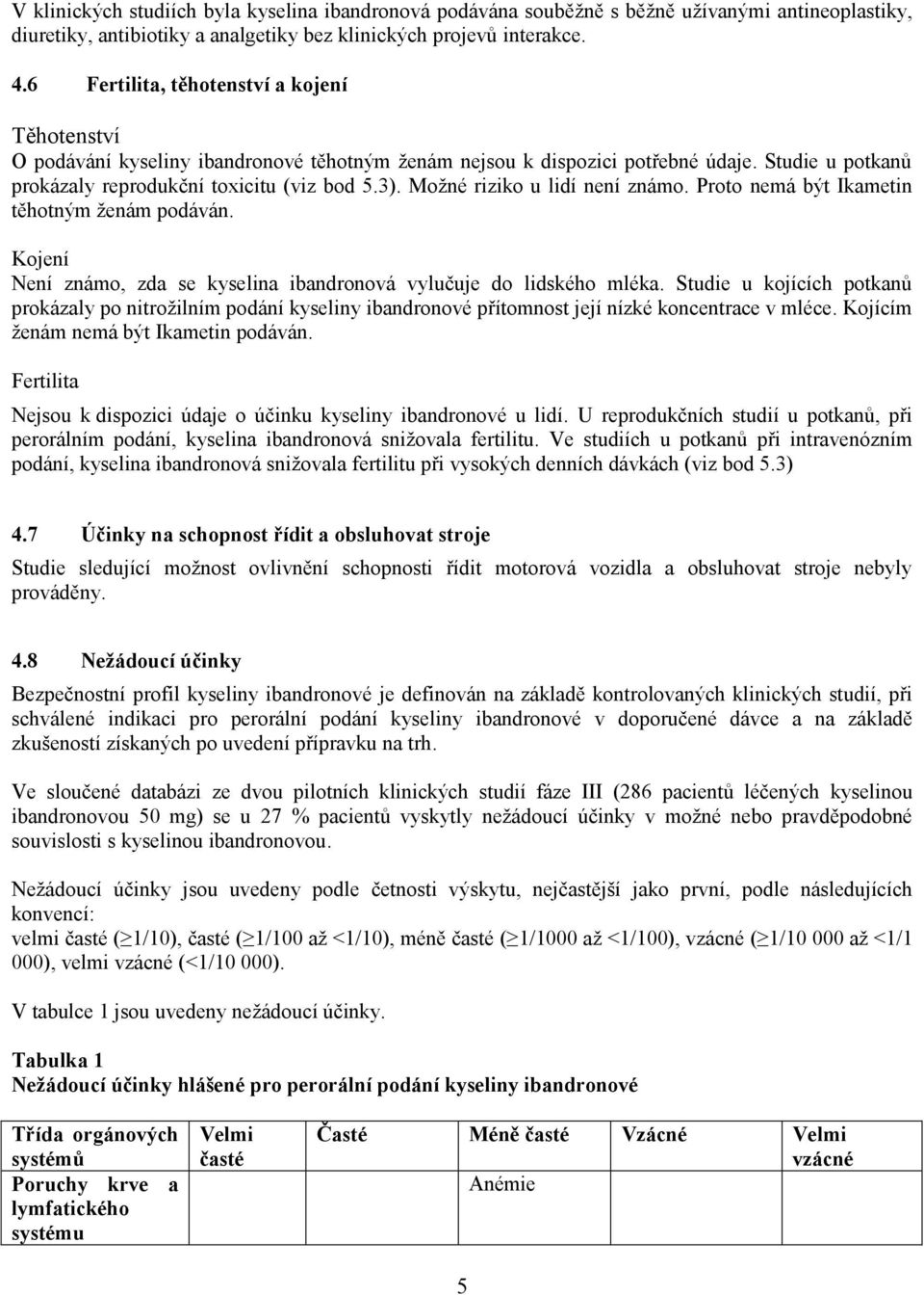 Možné riziko u lidí není známo. Proto nemá být Ikametin těhotným ženám podáván. Kojení Není známo, zda se kyselina ibandronová vylučuje do lidského mléka.