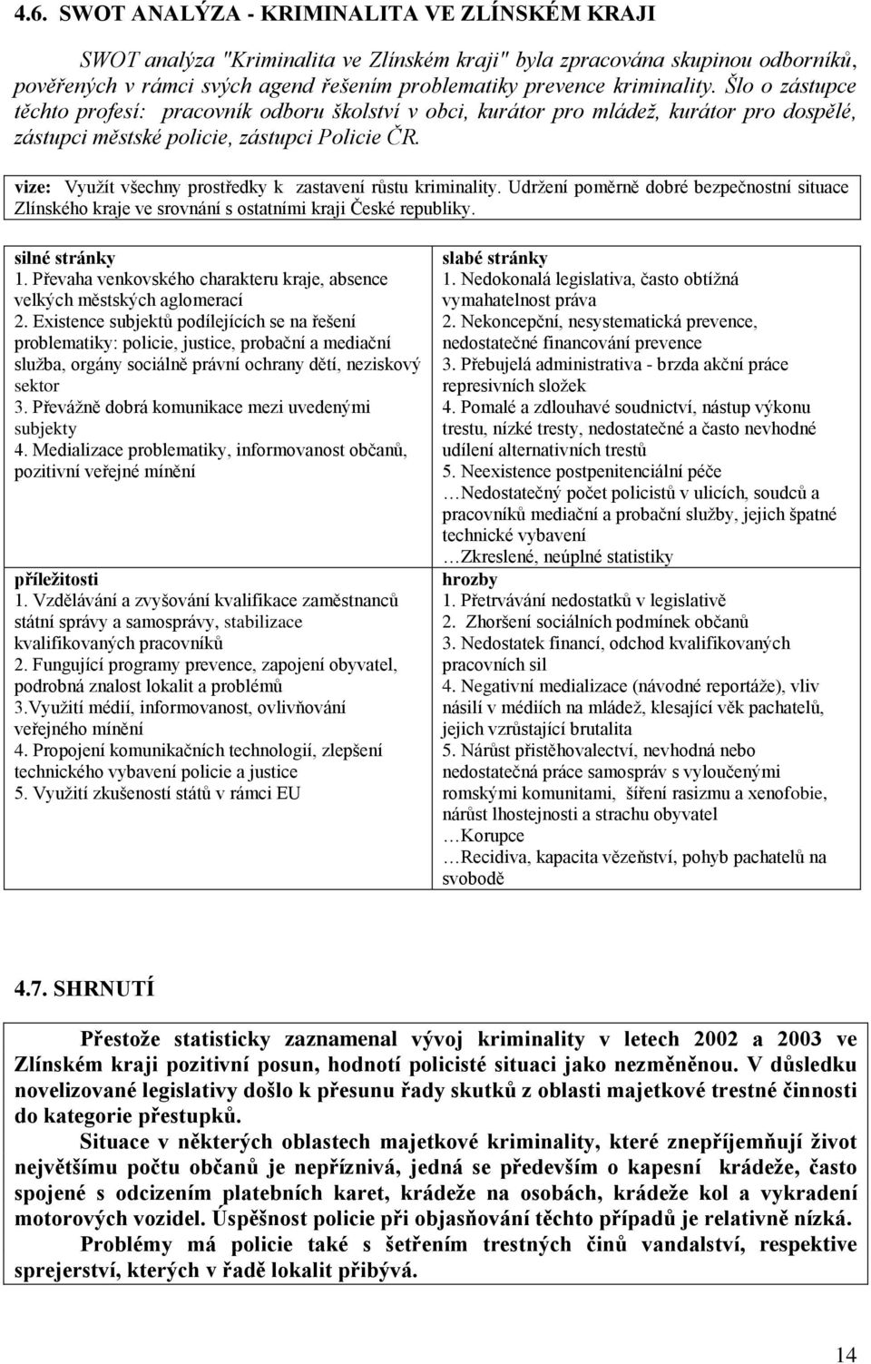 vize: Využít všechny prostředky k zastavení růstu kriminality. Udržení poměrně dobré bezpečnostní situace Zlínského kraje ve srovnání s ostatními kraji České republiky. silné stránky 1.
