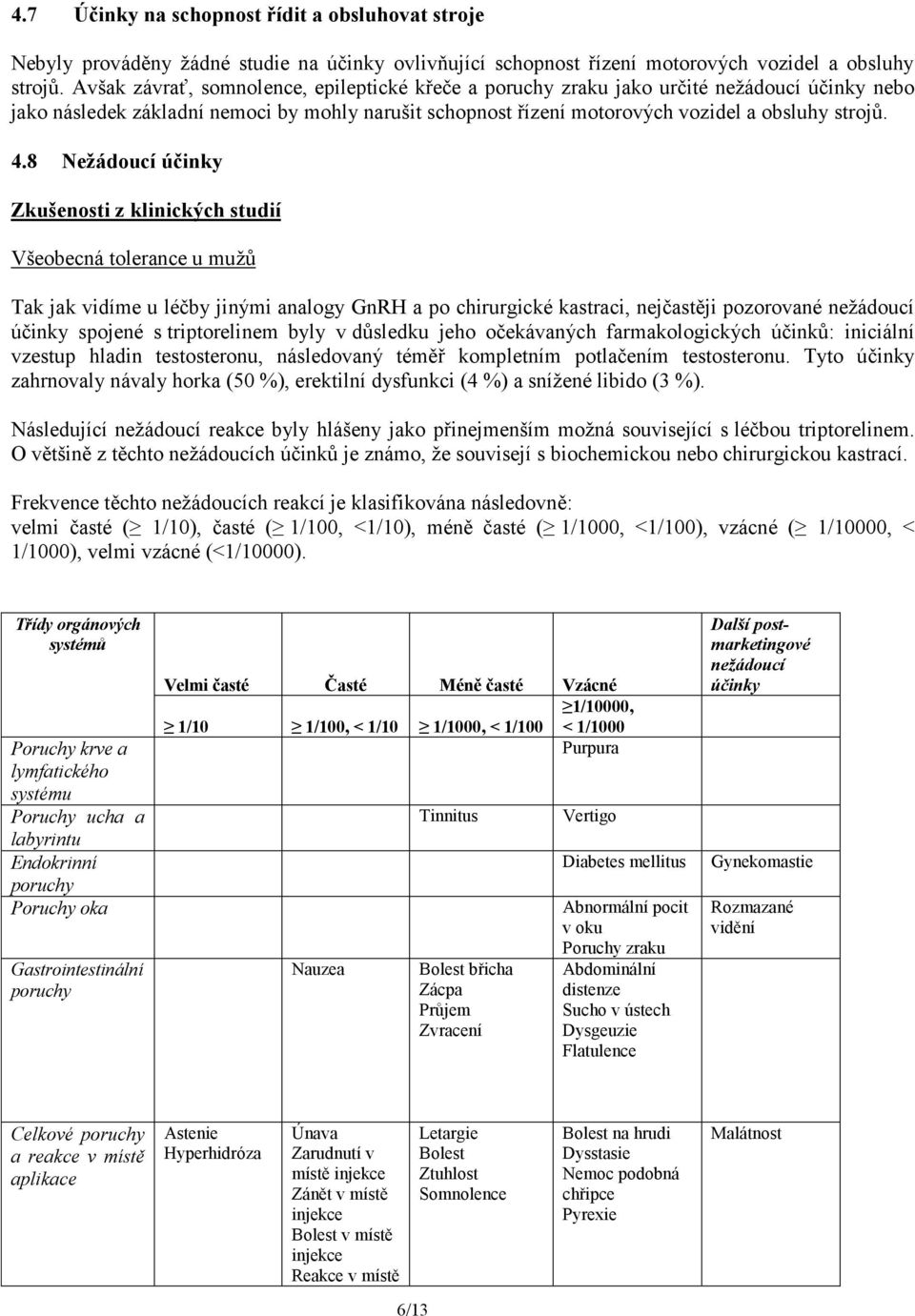 8 Nežádoucí účinky Zkušenosti z klinických studií Všeobecná tolerance u mužů Tak jak vidíme u léčby jinými analogy GnRH a po chirurgické kastraci, nejčastěji pozorované nežádoucí účinky spojené s