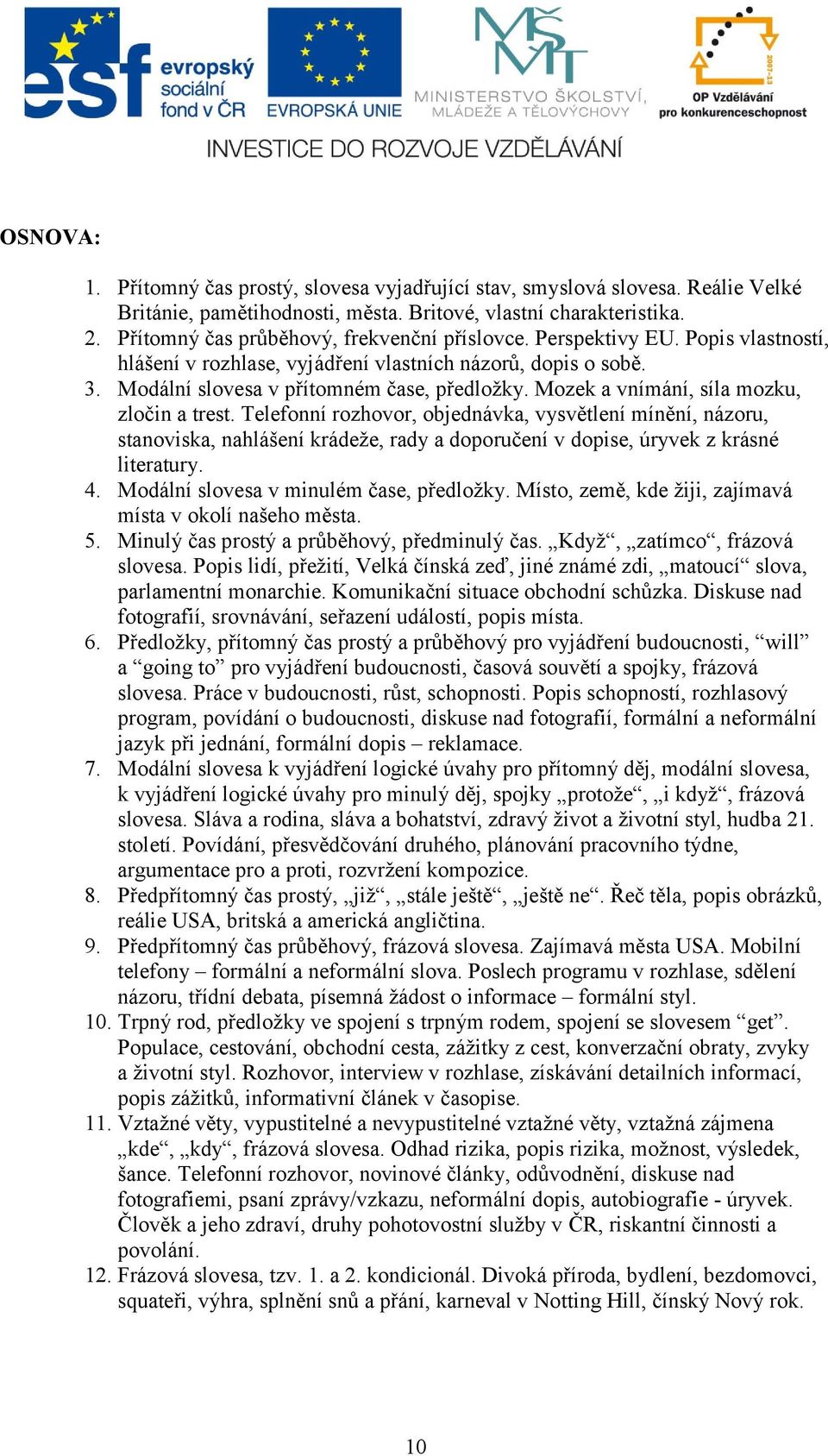 Mozek a vnímání, síla mozku, zločin a trest. Telefonní rozhovor, objednávka, vysvětlení mínění, názoru, stanoviska, nahlášení krádeže, rady a doporučení v dopise, úryvek z krásné literatury. 4.