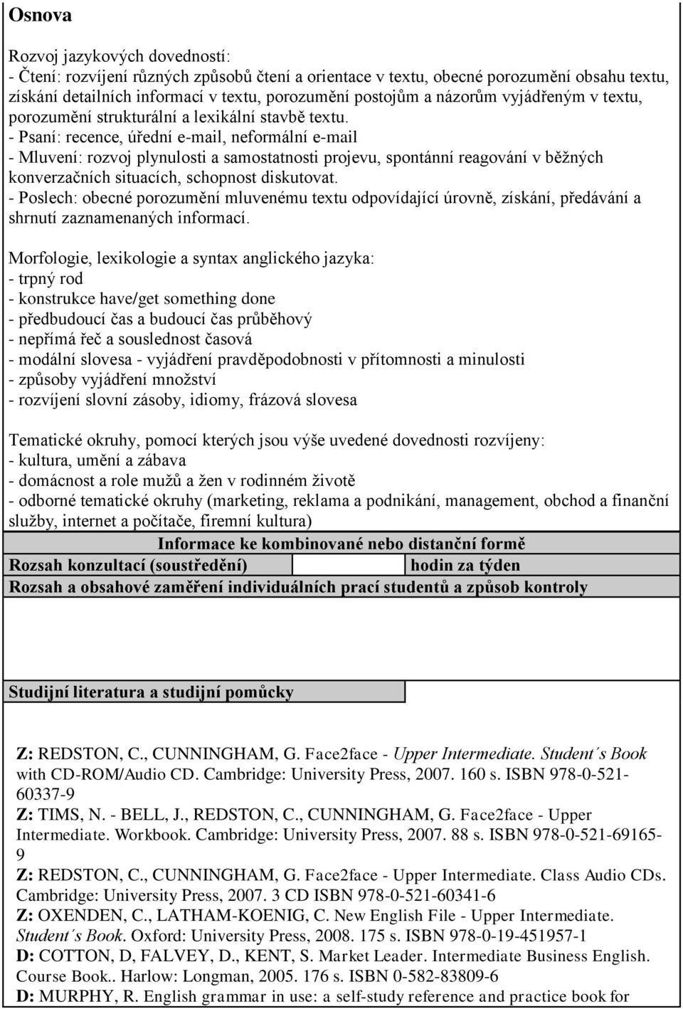 - Psaní: recence, úřední e-mail, neformální e-mail - Mluvení: rozvoj plynulosti a samostatnosti projevu, spontánní reagování v běžných konverzačních situacích, schopnost diskutovat.