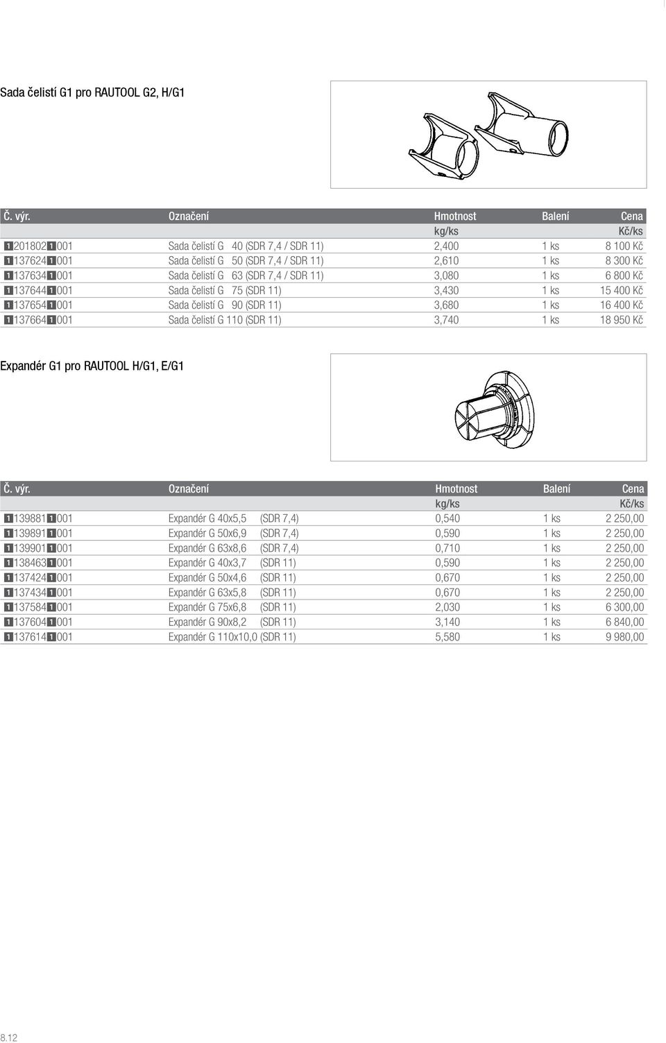 11) 3,740 1 ks 18 950 Kč Expandér G1 pro RAUTOOL H/G1, E/G1 11398811001 Expandér G 40x5,5 (SDR 7,4) 0,540 1 ks 2 250,00 11398911001 Expandér G 50x6,9 (SDR 7,4) 0,590 1 ks 2 250,00 11399011001