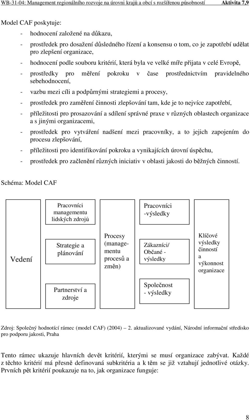 pro zaměření činnosti zlepšování tam, kde je to nejvíce zapotřebí, - příležitosti pro prosazování a sdílení správné praxe v různých oblastech organizace a s jinými organizacemi, - prostředek pro