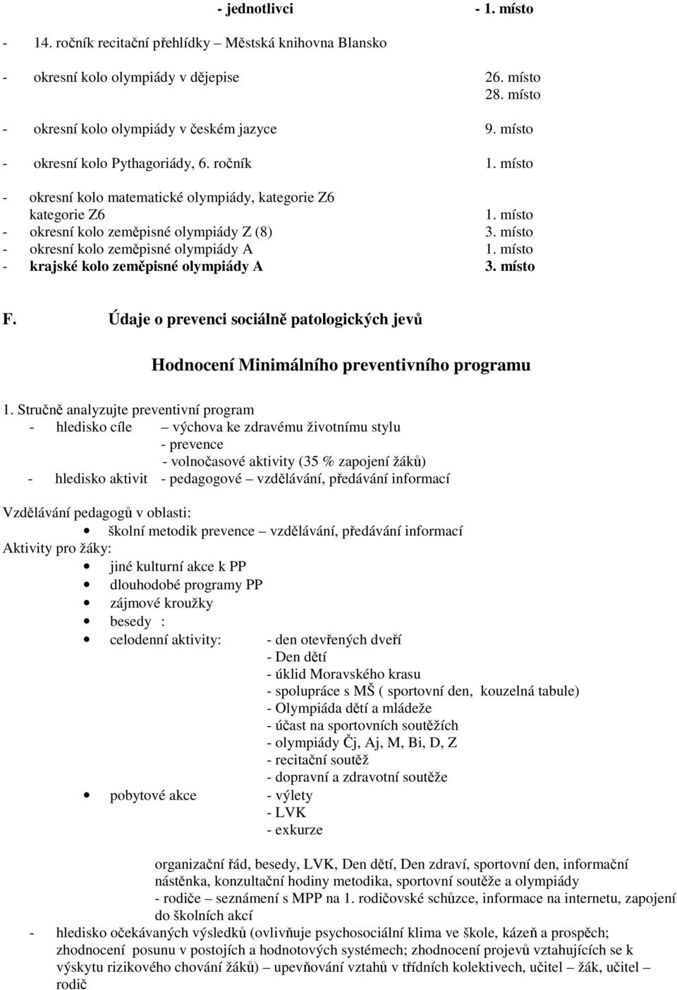 místo - okresní kolo zeměpisné olympiády A 1. místo - krajské kolo zeměpisné olympiády A 3. místo F. Údaje o prevenci sociálně patologických jevů Hodnocení Minimálního preventivního programu 1.