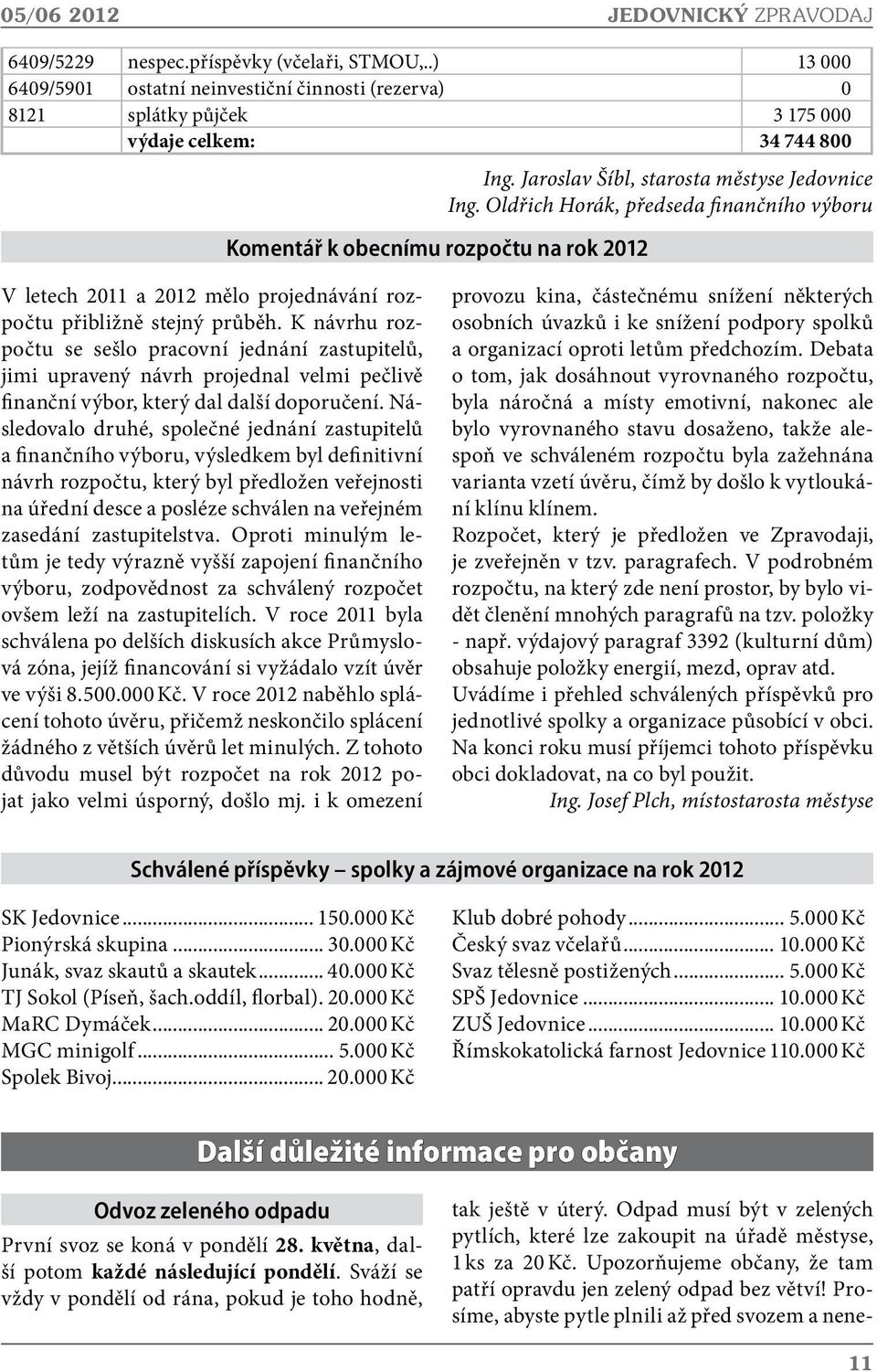 Jaroslav Šíbl, starosta městyse Jedovnice Ing. Oldřich Horák, předseda finančního výboru V letech 2011 a 2012 mělo projednávání rozpočtu přibližně stejný průběh.