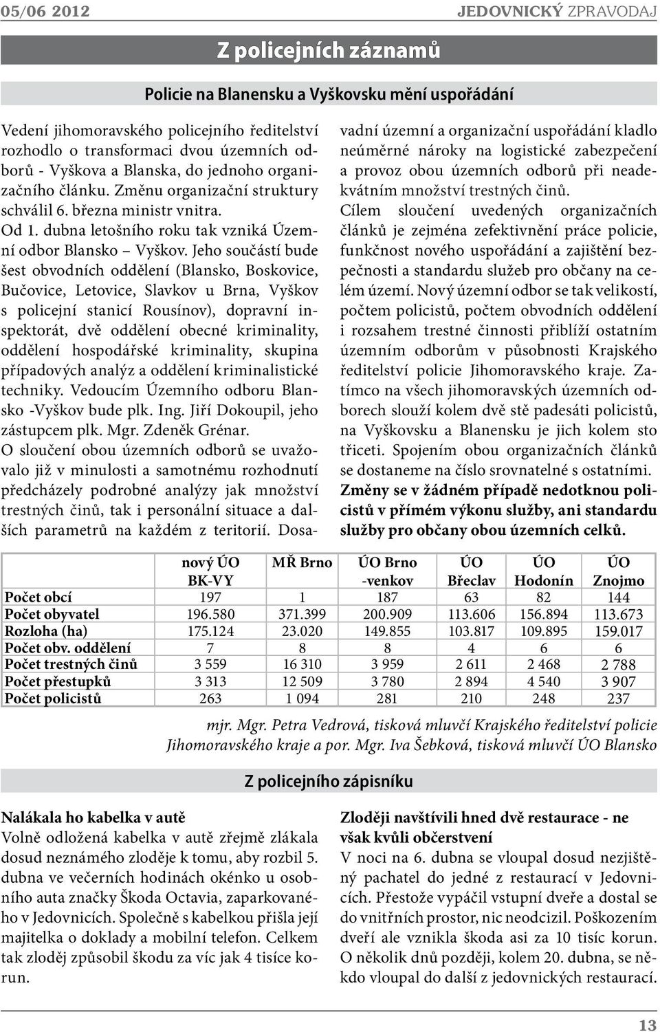 Jeho součástí bude šest obvodních oddělení (Blansko, Boskovice, Bučovice, Letovice, Slavkov u Brna, Vyškov s policejní stanicí Rousínov), dopravní inspektorát, dvě oddělení obecné kriminality,