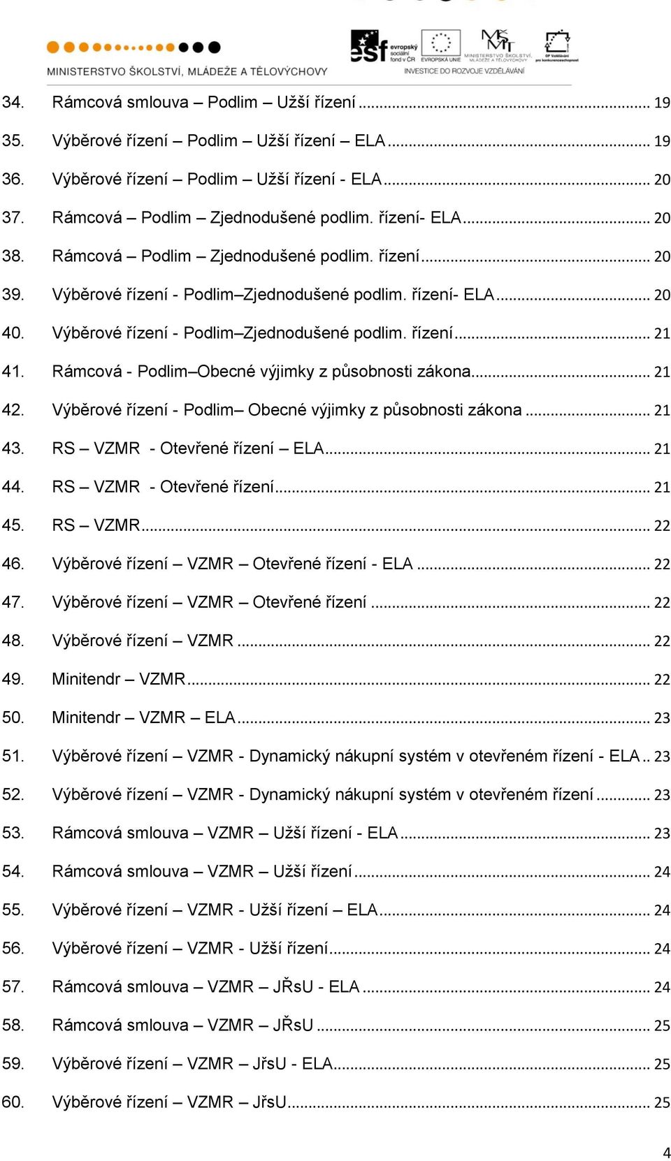 Rámcová - Podlim Obecné výjimky z působnosti zákona... 21 42. Výběrové řízení - Podlim Obecné výjimky z působnosti zákona... 21 43. RS VZMR - Otevřené řízení ELA... 21 44. RS VZMR - Otevřené řízení... 21 45.