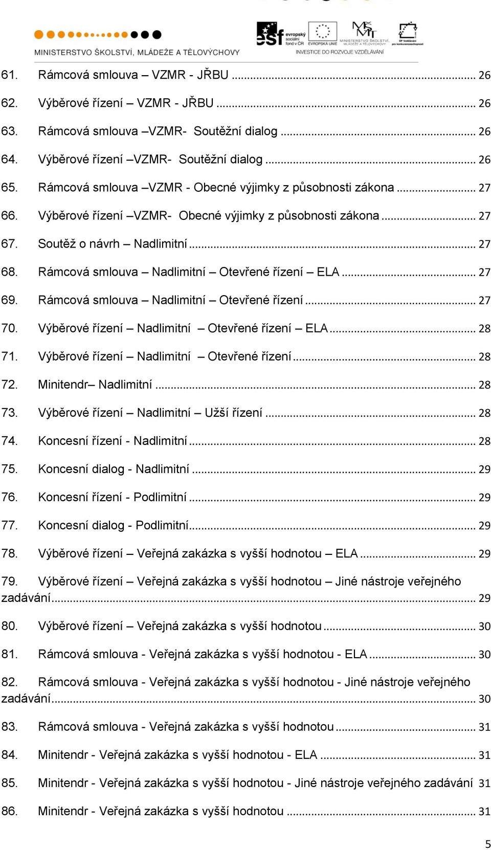 Rámcová smlouva Nadlimitní Otevřené řízení ELA... 27 69. Rámcová smlouva Nadlimitní Otevřené řízení... 27 70. Výběrové řízení Nadlimitní Otevřené řízení ELA... 28 71.