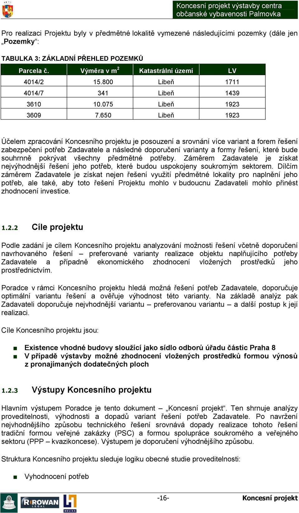 650 Libeň 1923 Účelem zpracování Koncesního projektu je posouzení a srovnání více variant a forem řešení zabezpečení potřeb Zadavatele a následné doporučení varianty a formy řešení, které bude