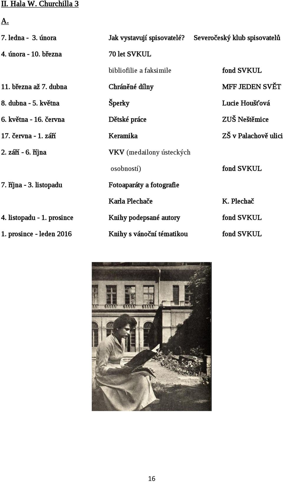 května - 16. června Dětské práce ZUŠ Neštěmice 17. června - 1. září Keramika ZŠ v Palachově ulici 2. září - 6.