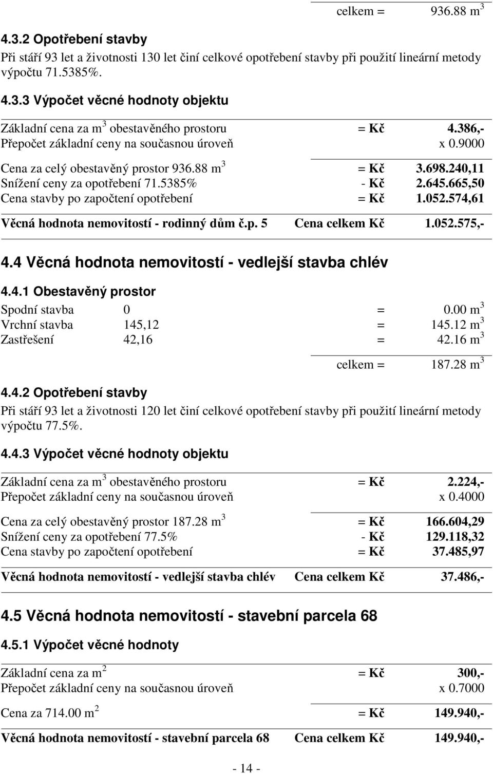 665,50 Cena stavby po započtení opotřebení = Kč 1.052.574,61 Věcná hodnota nemovitostí - rodinný dům č.p. 5 Cena celkem Kč 1.052.575,- 4.4 Věcná hodnota nemovitostí - vedlejší stavba chlév 4.4.1 Obestavěný prostor Spodní stavba 0 = 0.