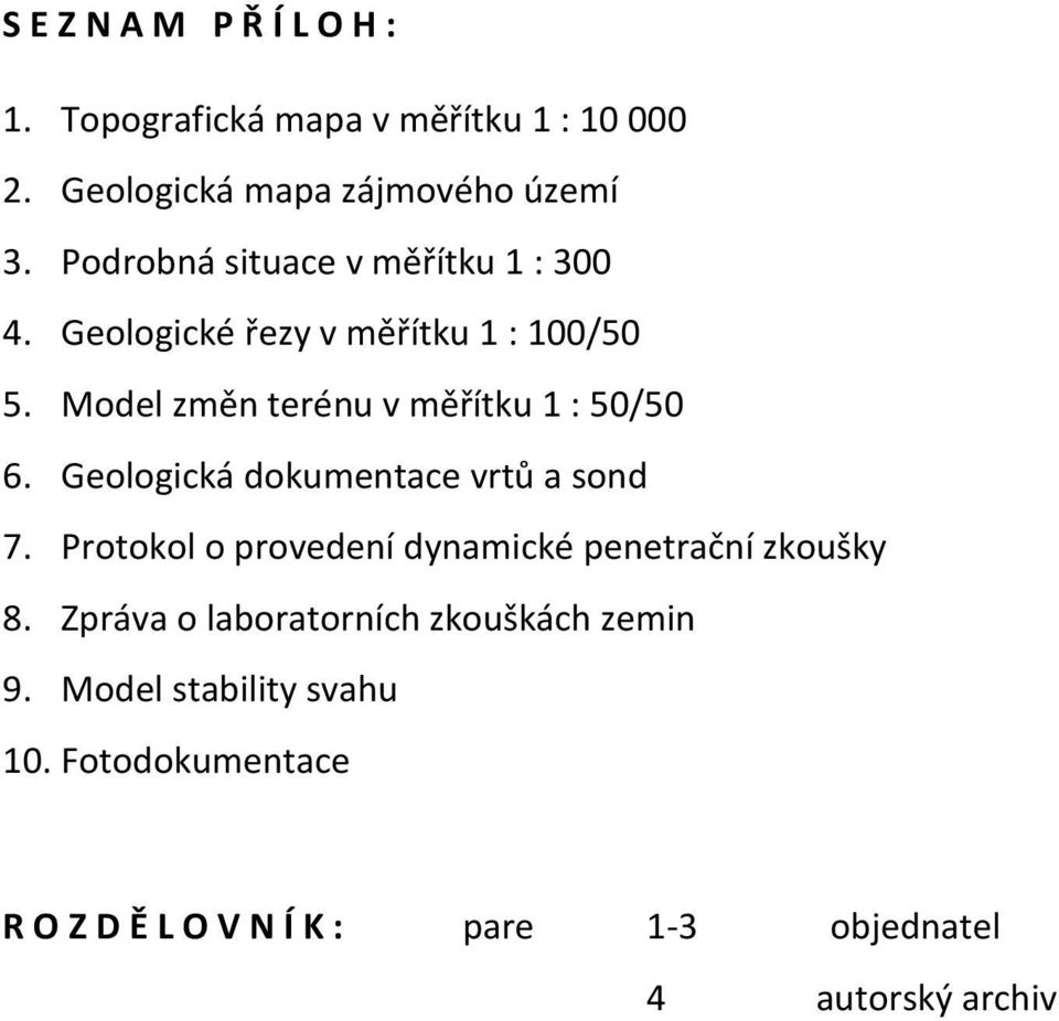 Model změn terénu v měřítku 1 : 50/50 6. Geologická dokumentace vrtů a sond 7.