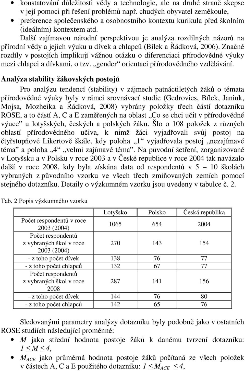 Další zajímavou národní perspektivou je analýza rozdílných názorů na přírodní vědy a jejich výuku u dívek a chlapců (Bílek a Řádková, 2006).