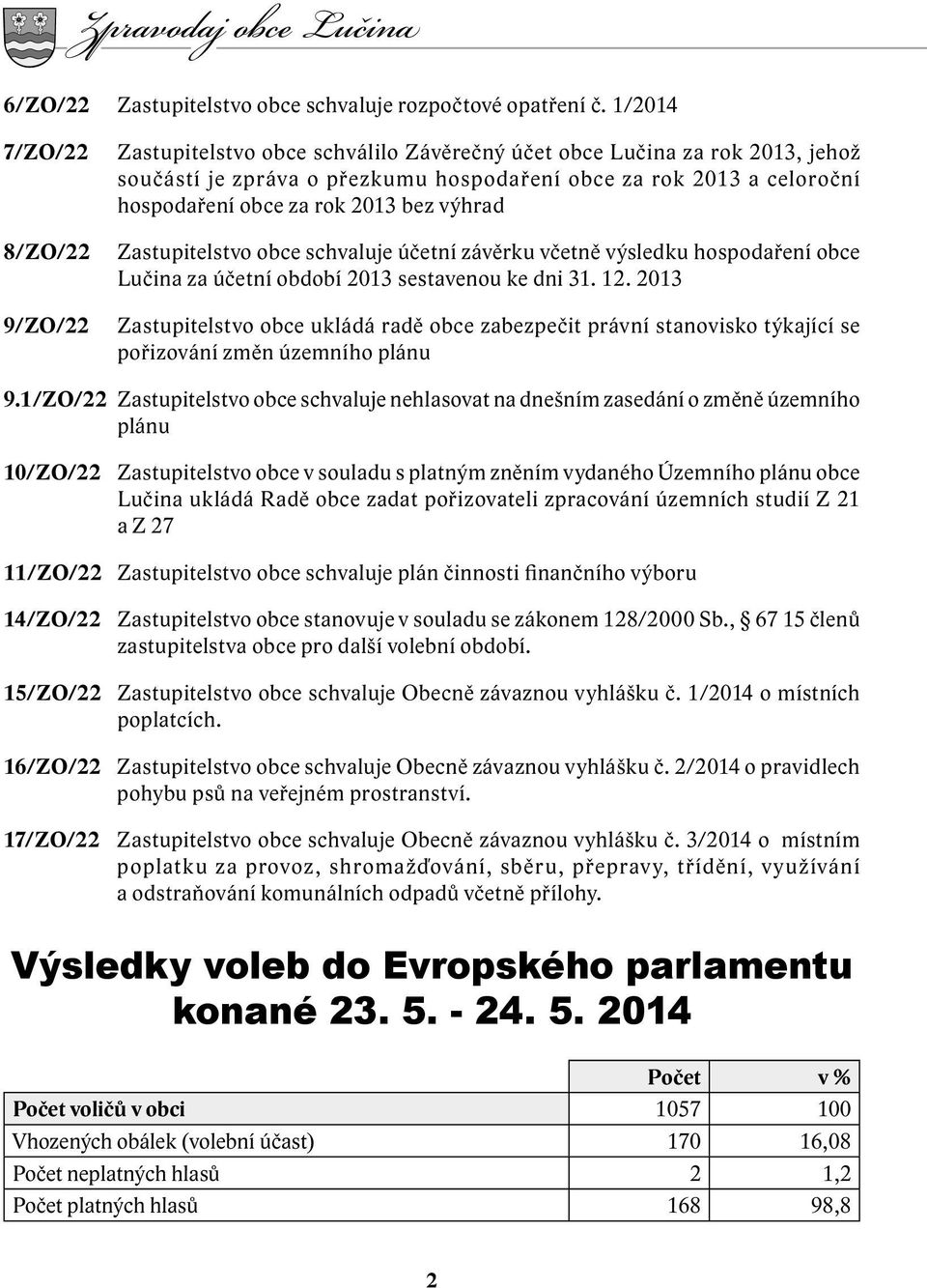 rok 2013 bez výhrad Zastupitelstvo obce schvaluje účetní závěrku včetně výsledku hospodaření obce Lučina za účetní období 2013 sestavenou ke dni 31. 12.