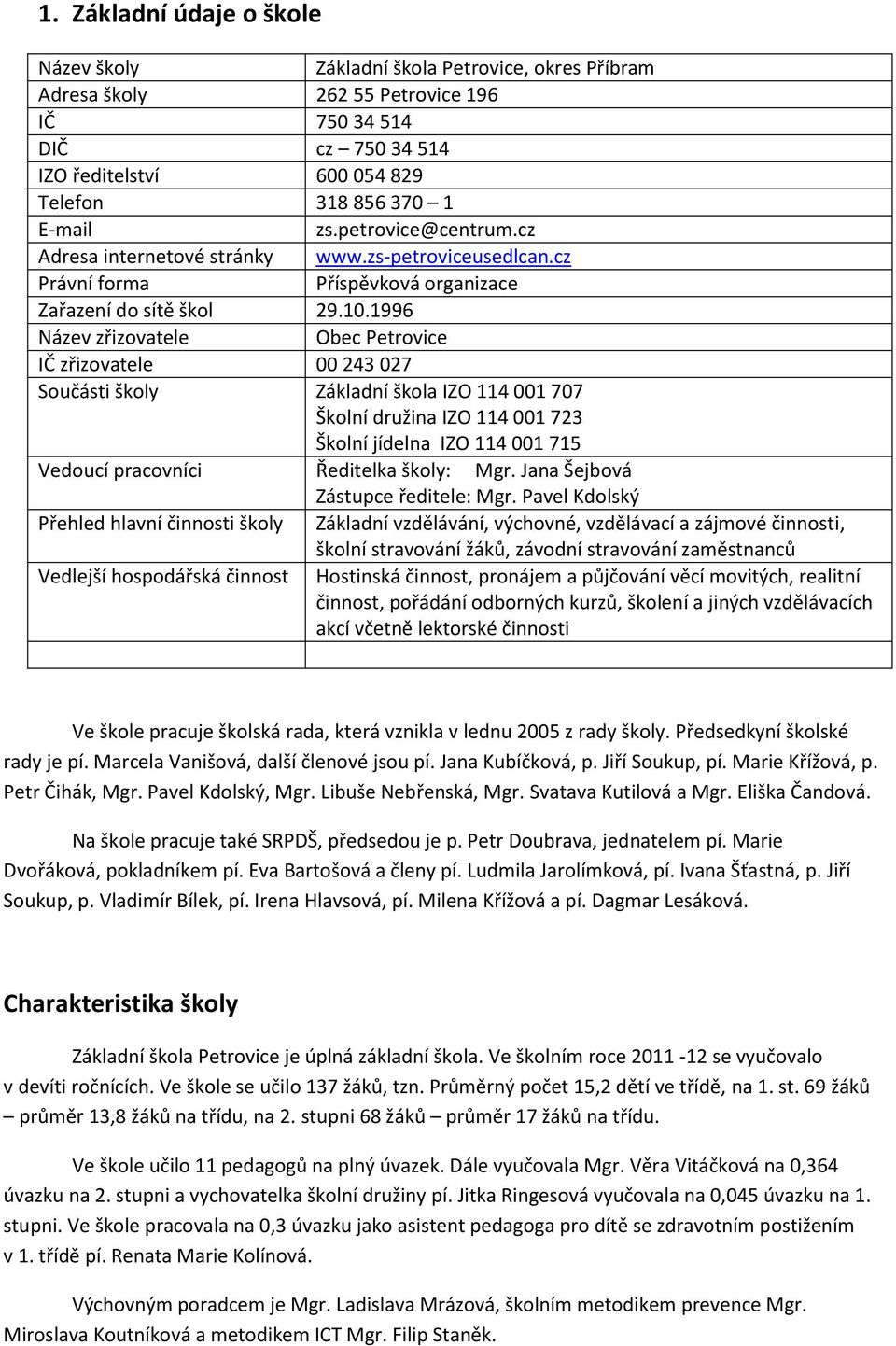 1996 Název zřizovatele Obec Petrovice IČ zřizovatele 00 243 027 Součásti školy Základní škola IZO 114 001 707 Školní družina IZO 114 001 723 Školní jídelna IZO 114 001 715 Vedoucí pracovníci