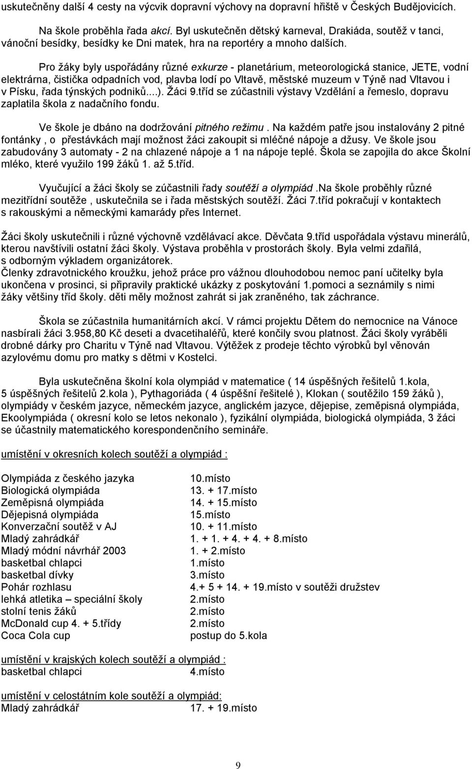 Pro žáky byly uspořádány různé exkurze - planetárium, meteorologická stanice, JETE, vodní elektrárna, čistička odpadních vod, plavba lodí po Vltavě, městské muzeum v Týně nad Vltavou i v Písku, řada